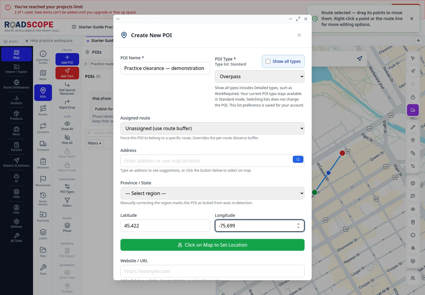 Create New POI form with name, Overpass type, latitude and longitude.